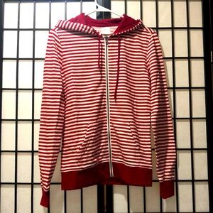 A red and white zipper hoodie